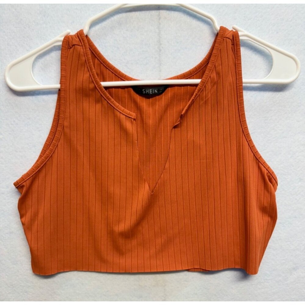 Shein Crop Top Tank Orange Striped Modified V Neck Stretch Size Small